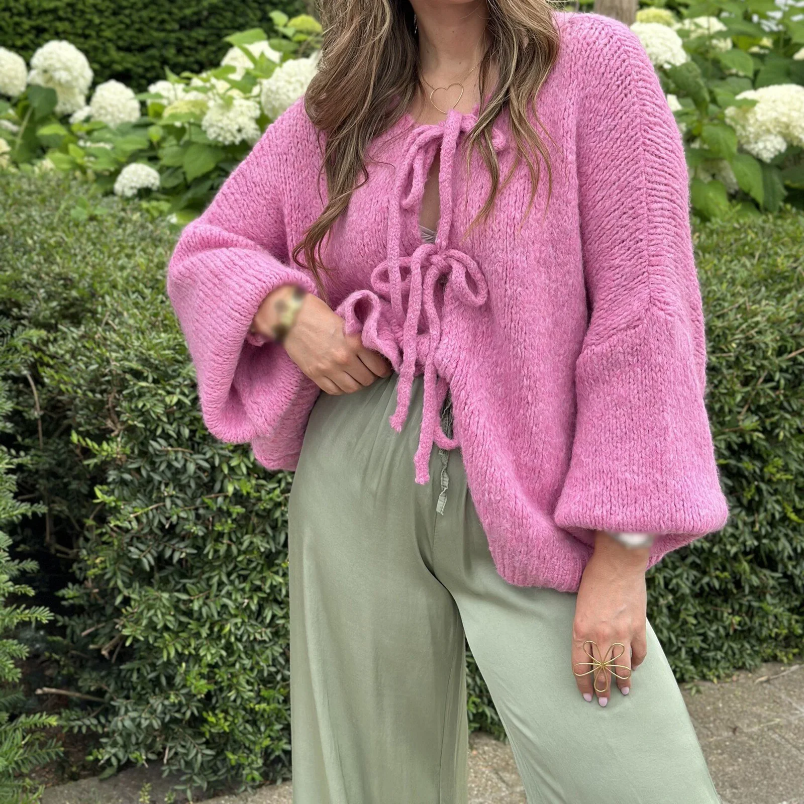 Женский трикотажный кардиган с круглым вырезом и длинным рукавом