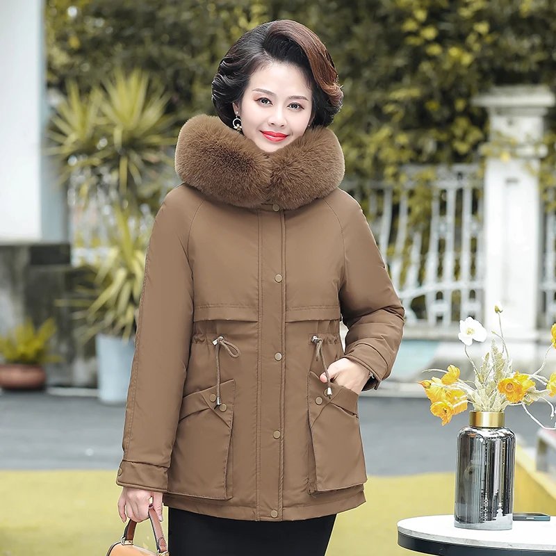 High Quality Women Winter Fur Collar Down Parkas Thicked Plus Velvet Warm Jacket Middle Aged Mother Cotton Padded Coat Overcoat