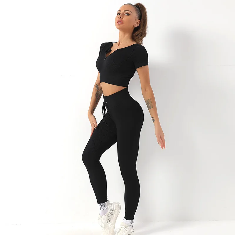 Seamless Yoga Sets Sport Fitness High Wasit Hip Raise Drawstring Pants Zipper Long Sleeve Suits Workout Gym Shorts Set for Women