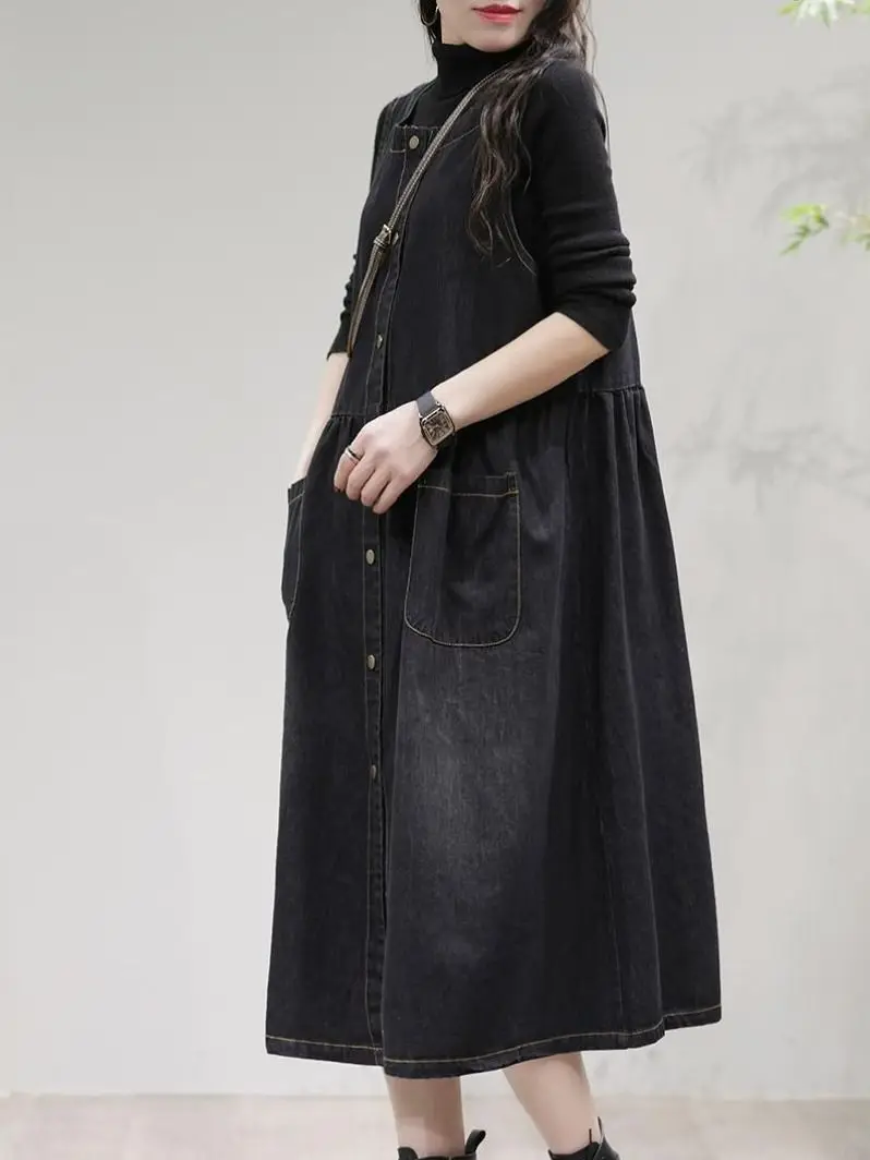 Denim Dress Women's Spring And Summer 2023 New Vintage Round Neck Loose A-line Spaghetti Strap Mid Calf Single Breasted Dress