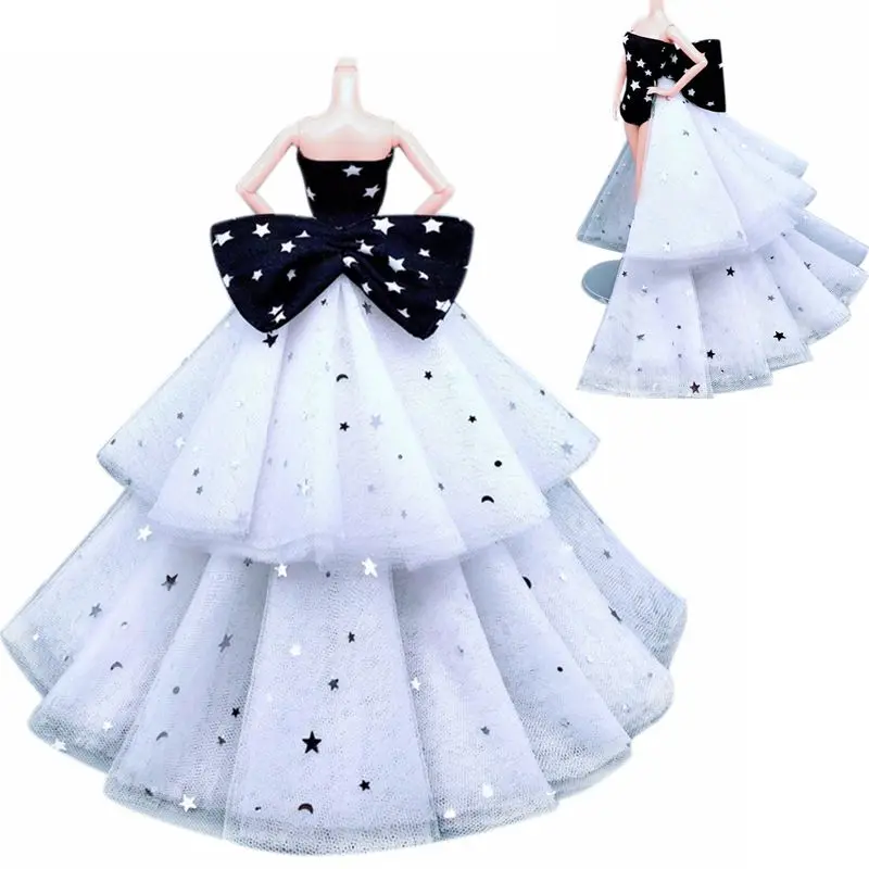 

1/6 White Black Star Bowknot Wedding Dress for Barbie Doll Clothes Outfits Long Tail Party Gown 11.5" Dolls Accessories Kids Toy