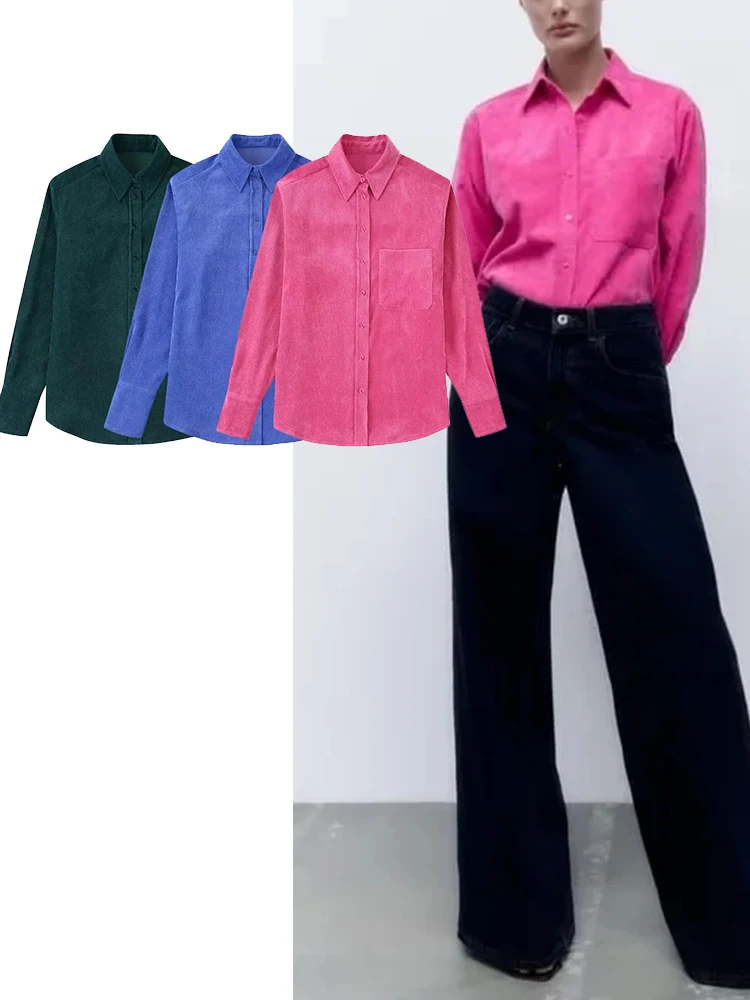

TRAF Fashion Woman Blouses 2022 Autumn Fine Corduroy Shirt Coat Vintage Long Sleeve Female Outerwear Tops