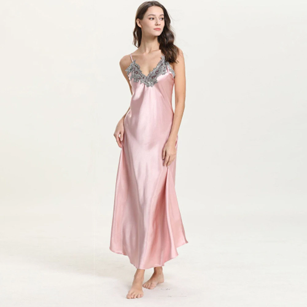 2023 Women's New Simple Fashion Sling Long Pajama Dress Lace Splice Dress Lace Sexy Deep V-Neck Sling Pajama Soft Silk Homewear