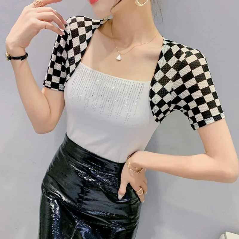 

#5253 T Shirt Ladies Mesh Short Sleeves Square Collar Women Tee Shirt Slim Spliced Color Sexy Cotton T-shirt Summer Black White