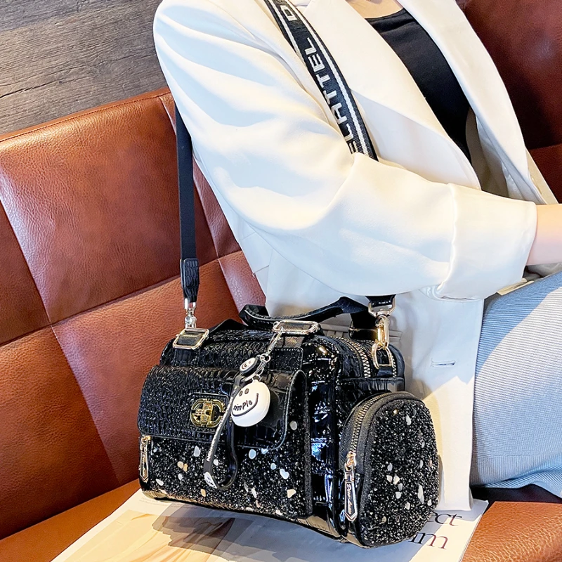 Split Leather Handbags for Women Top Handle Tote Bag Shoulder Bag Women Black Sparkle Sequines Messenger Bag Sac