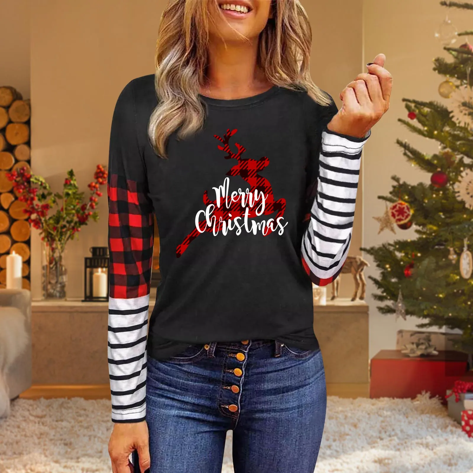 

Women's Christmas Print Long-Sleeved Three-Color Stitching Long-Sleeved Round Neck Loose T-shirt Top Light Long Sleeve
