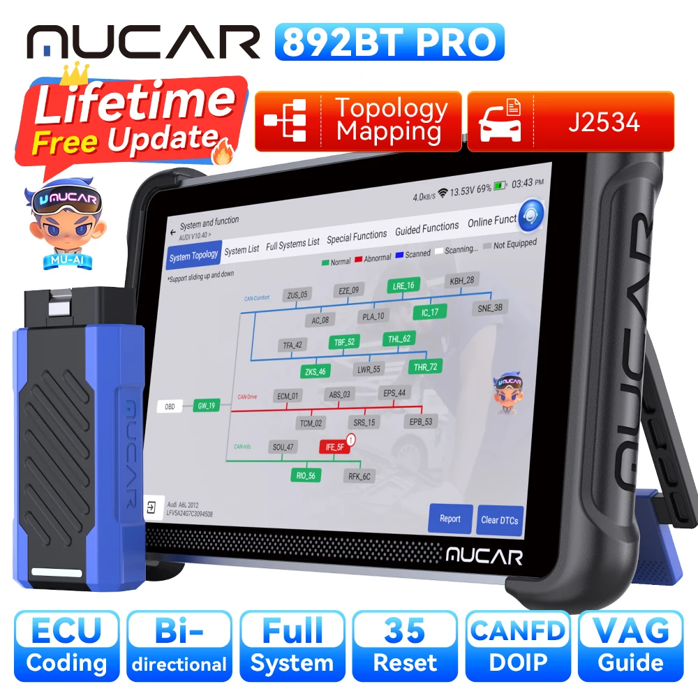 Фото Бесплатный пожизненный автосканер MUCAR 892BT PRO OBD2 с топологическим графом, J2534, DOIP, CANFD, кодированием ЭБУ, двунаправленным управлением и диагностикой автомобиля №2