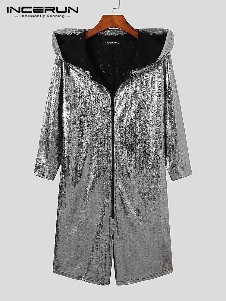 Stylish Hot Sale Men's Jumpsuit INCERUN Fashion Party Shows Style Male Three Quarter Zip Mesh Sleeve Shine Bodysuits S-5XL 2022