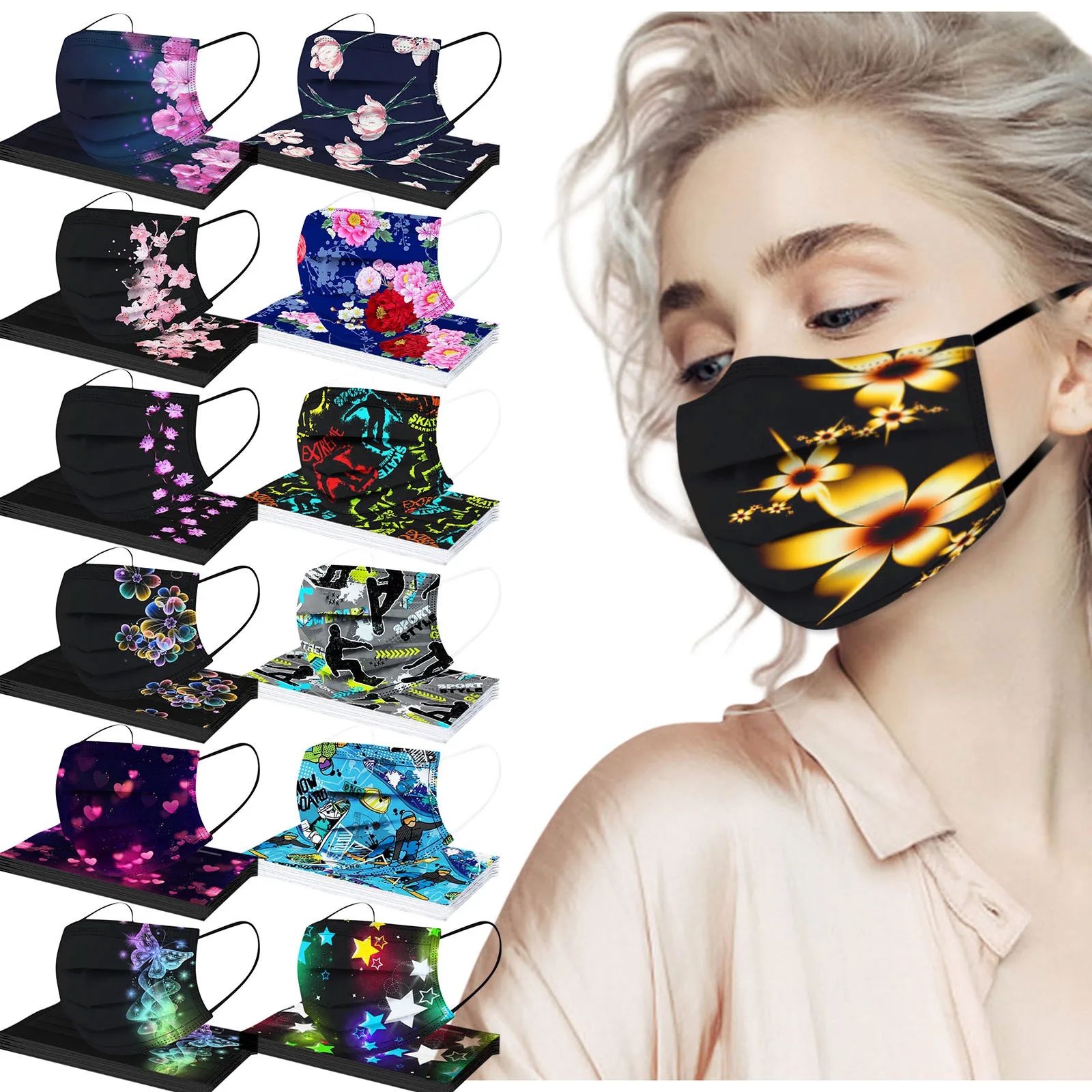 

10PCS Adult Flower print Masks Unisex Disposable Face Mask Industrial 3Ply Earloop Bandage Mouth mask filter safe Breathable