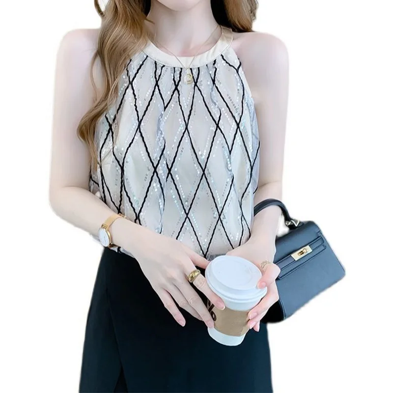 Женский сетчатый топ без рукавов с круглым вырезом и блестками - купить по