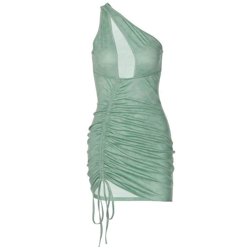 

Sexy Women's Summer Explosion Solid Color Thin One-shoulder Hollow High Waist Pullover Pleated Drawstring Short Dress Free Shipp