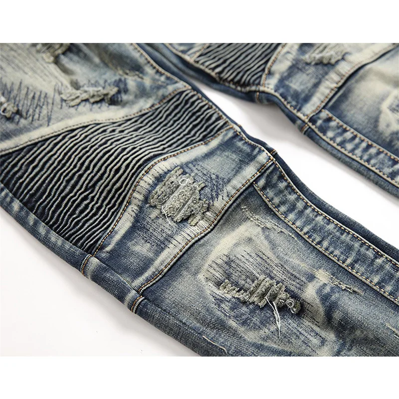 Biker Skinny Men Jeans Retro Denim Ripped Stretch Pants Slim Fit Trousers Motorcycle Hip Hop Fashion Jeans for Men