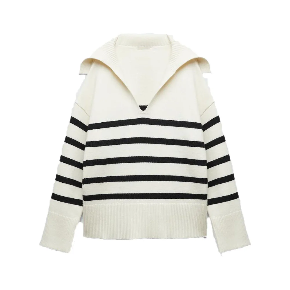 

Zach AiIsa autumn new women's fashion temperament Polo collar lapel long sleeves simple striped texture stretch knitted sweater