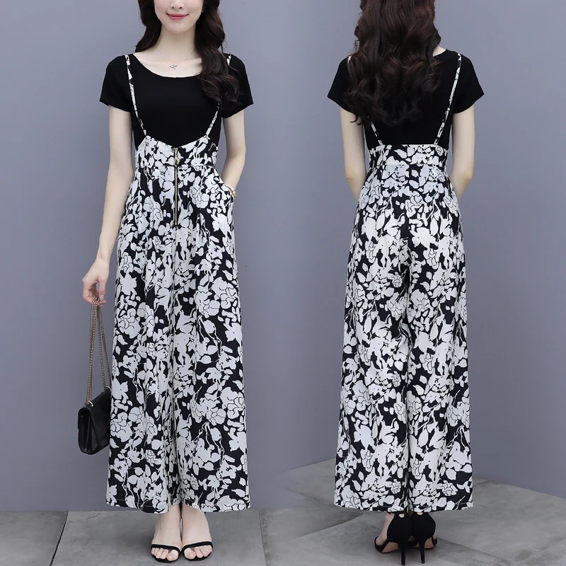 

Set Of Two Fashion Pieces For Women Summer 2022 New Elegant Short Sleeve Tshirt + High Waist Floral Bibs Lady Wide Leg Pants Set