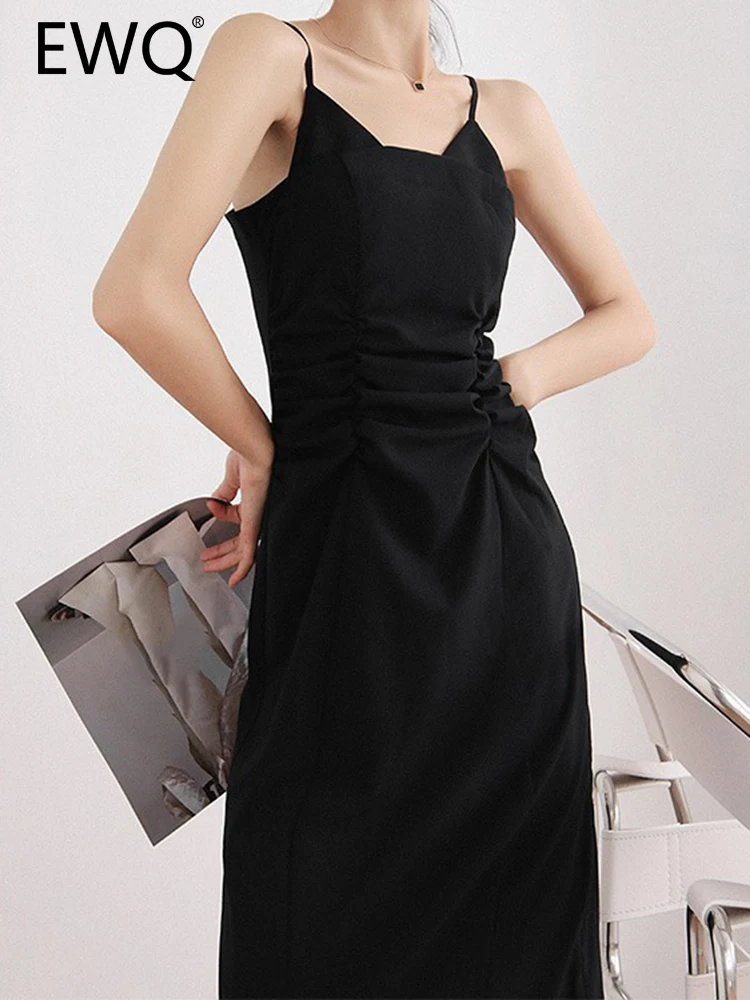 

EWQ Elegant Backless Design Sling Dress For Women Black Gathered Waist Sleeveless Party Long Dresses 2023 Summer New 26D3783