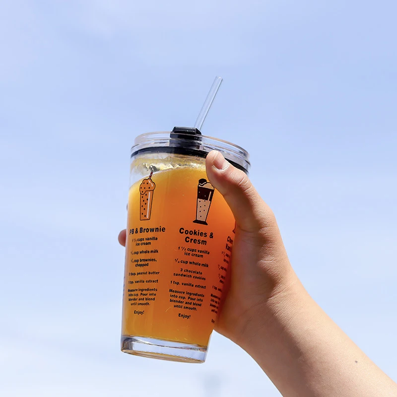 

500ml High-temperature Resistant Glass Water Cup with Printing Straw Cups Office Home Kitchen Accessories Milk Cup Coffee Mugs
