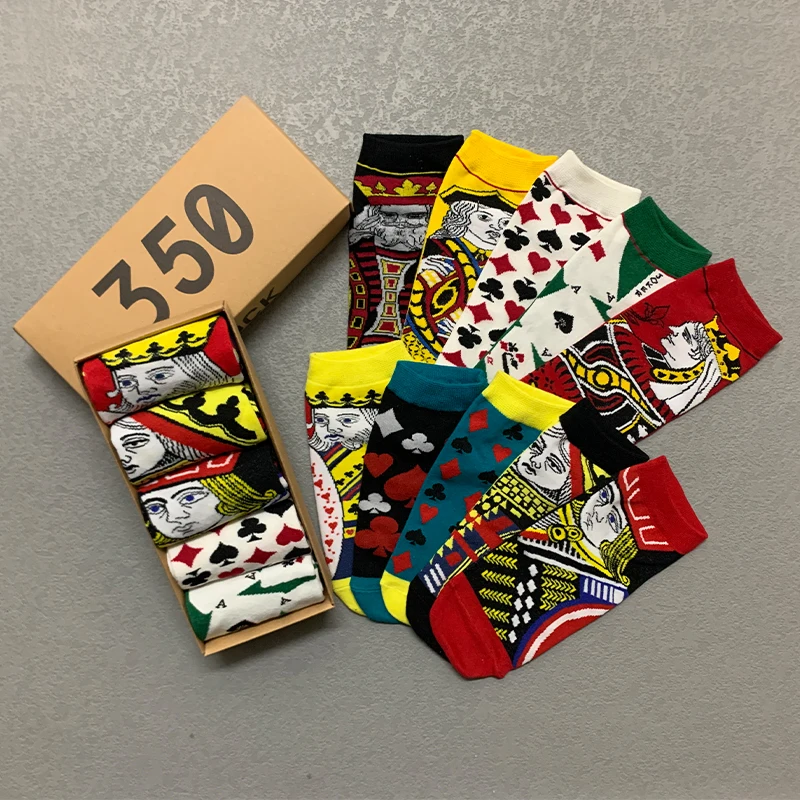 5 Pairs/Box Funny Playing cards Short Ankle Socks Cotton Harajuku King Queen Spades Soft Fashion Pack Gifts for Men Women Socks
