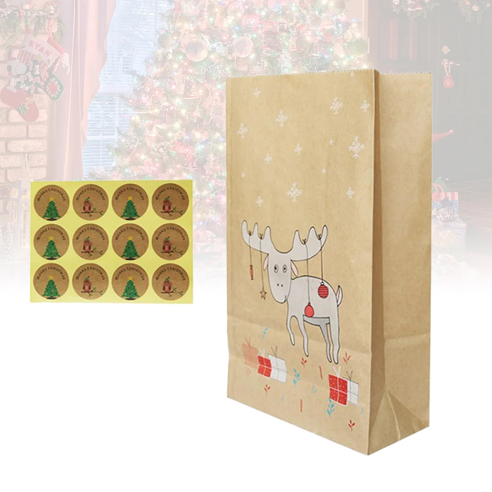 

12PCS Kraft Paper Bags Reindeer Pattern Printing Xmas Treat Candy Gift Bags with 12 Sealing Stickers
