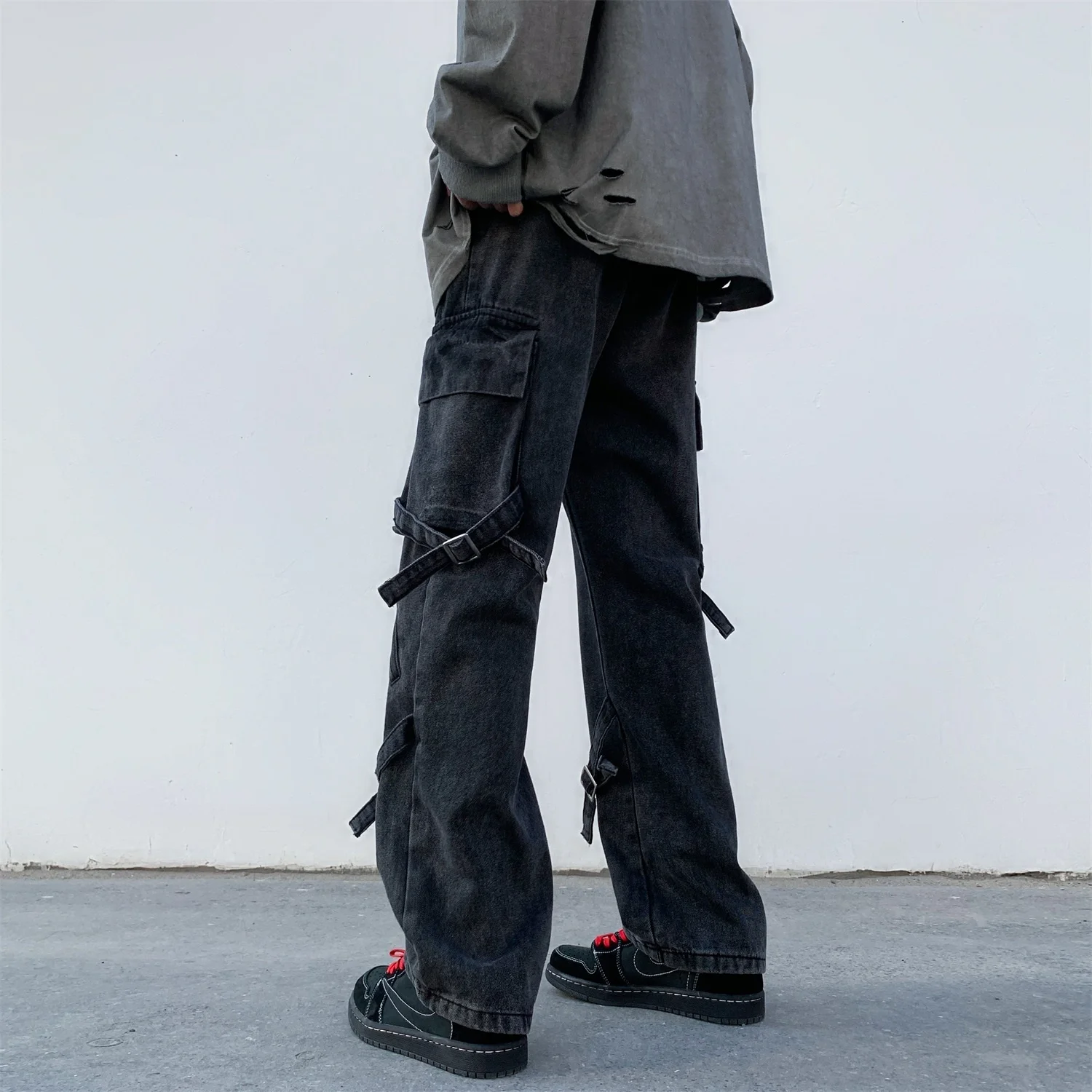 American High Street Vintage Men's Jeans Large Pocket Cargo Pants Wide Leg Loose Denim Pant Hip Hop Y2k Male Streetwear Trousers