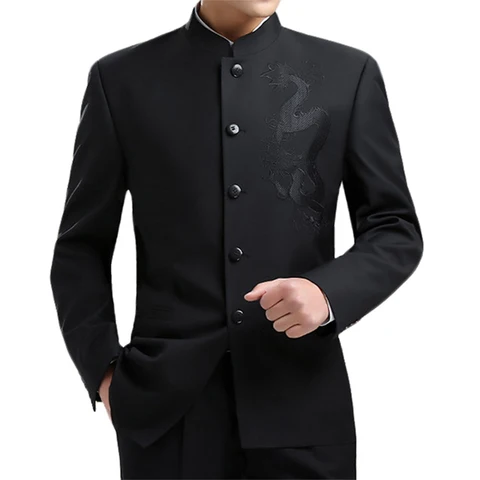 Восточная мужская туника с вышивкой дракона, черная куртка с воротником-стойкой, пальто в китайском стиле кунг-фу Чжуншань