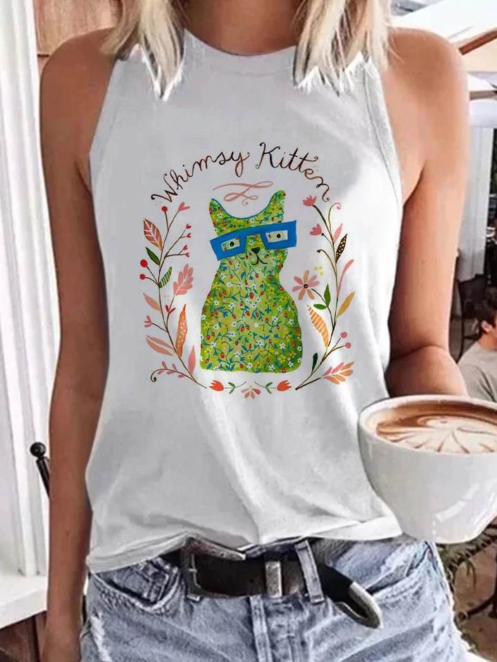 

Жилет женский с круглым вырезом, модный пикантный жилет без рукавов, с принтом кота, повседневный свободный ретро-жилет в стиле Харадзюку, Y2K