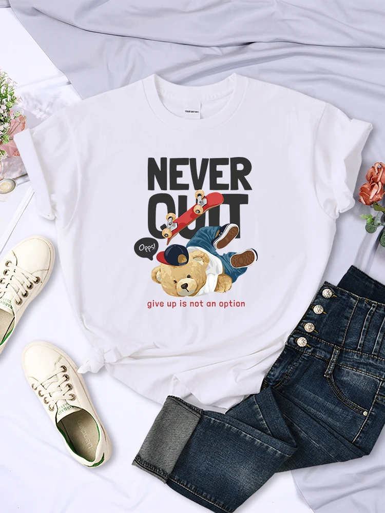 

Teddy Bear Never Quit Give Up Is Not An Option Women T-Shirts Personality Casual Clothing Street Hip Hop Short Sleeve Womans Top