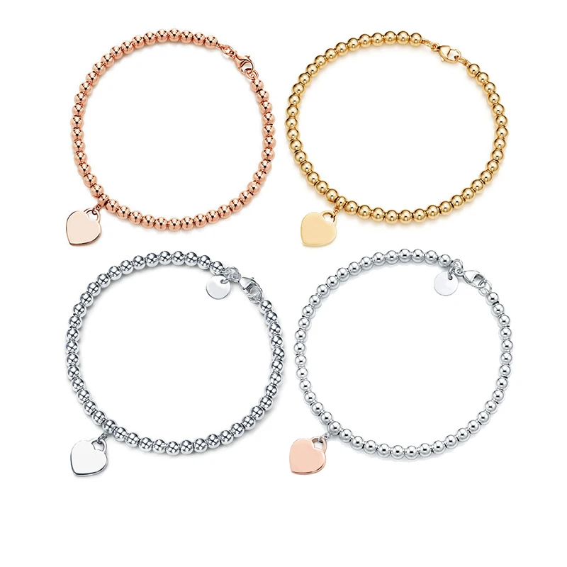 

925 Sterling Silver Heart Braceler&bracelet For Women Tiff Bead Chain Love Pendant Gold Silvery Color Brand Statement Jewelry