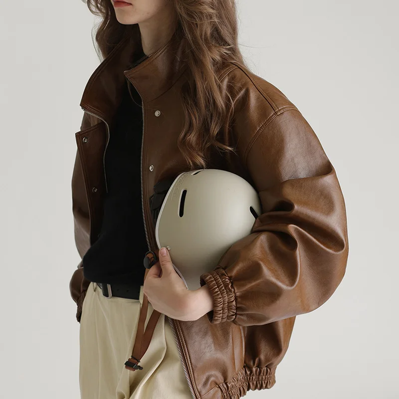 Lady Fashion Leather Jacket 2023 New Oil Wax Cowhide Leather Coat Women Stand Collar Streetwear Sheep Leather TF5281