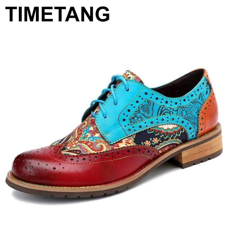 

Vintage Carved brogues Loafers Shoes For Women Genuine Leather British Lace Up Brogues low heels Retro Shoes FT1319