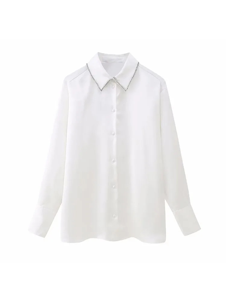 

Женская шелковая атласная блузка с длинным рукавом и вырезом