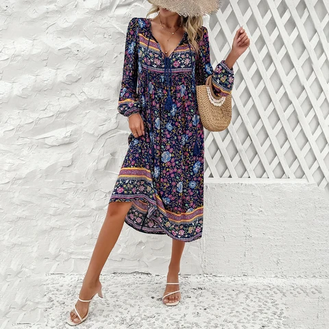Женское платье с длинным рукавом, Повседневное платье с цветочным принтом на завязках для отпуска, весна-лето 2024