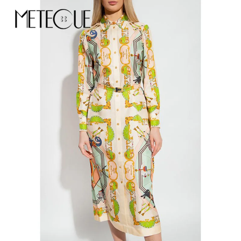 

Fashon Printed Shirt Dress 2023 New Spring Autumn 100% Silk Turn Down Collar Long Sleeve Long Dress with Belt