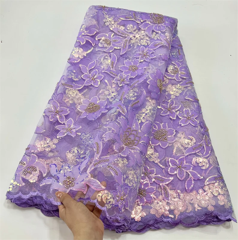 Latest 2023 High Quality African Nigerian Tulle Lace Fabric With Sequins Embroidery Sewing net Organza Prom Dresses 5yards