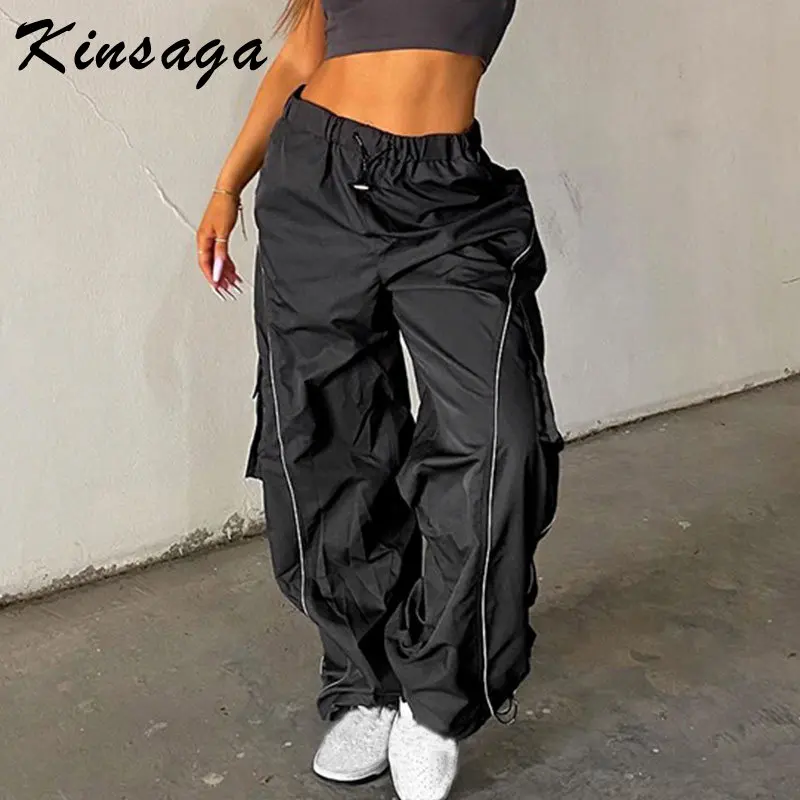 

Fashion Loose Parachute Pants Black Jogger Sweatpants Cyber Y2k Stripe Low Waist Techwear Cargo Pants Sport Bundle Feet Trousers