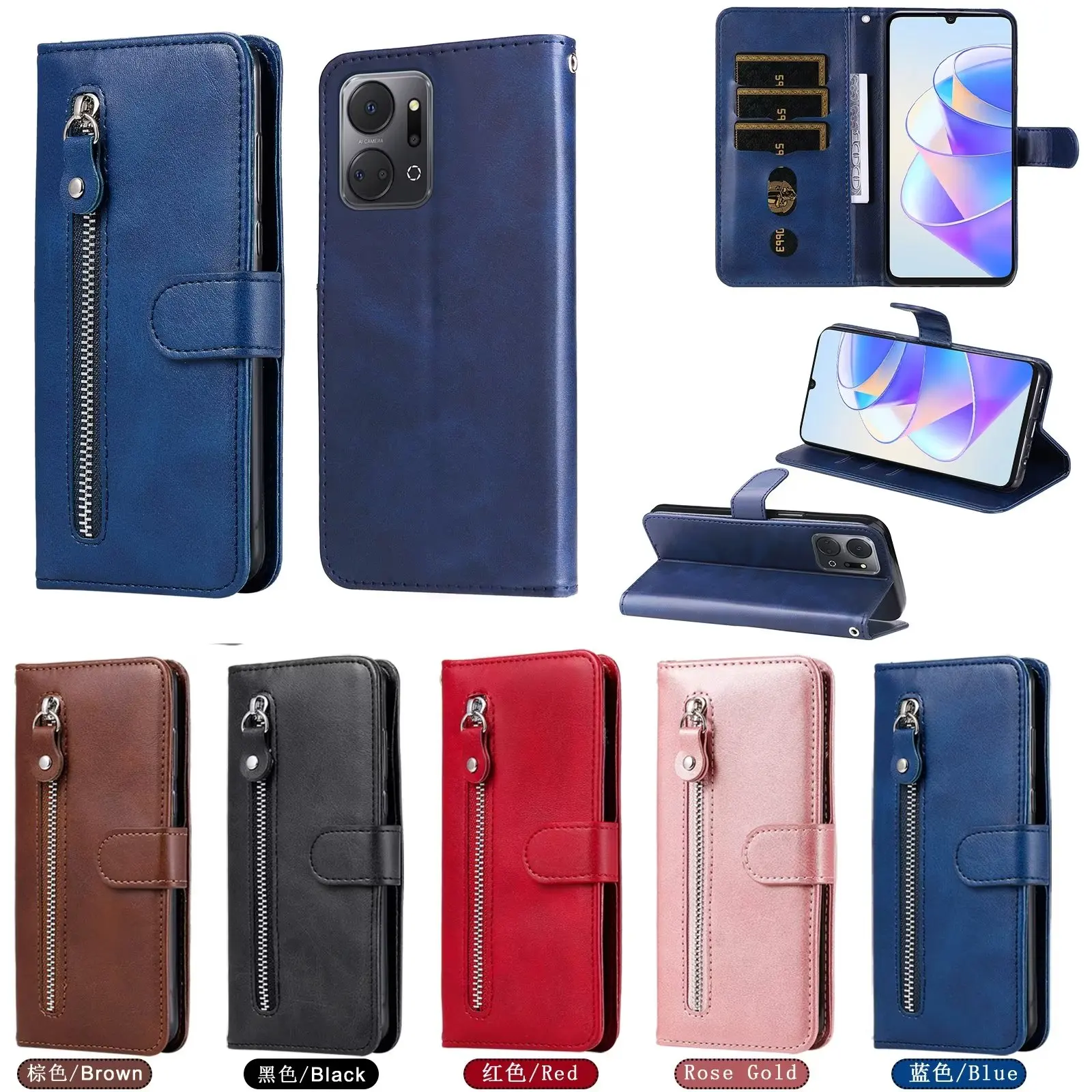 

HONOR X7A Luxury Zipper PU Leather Case Retro Wallet book Card Holder Flip Cover For HUAWEI HONOR X7A X7 A X 7A Phone Bags