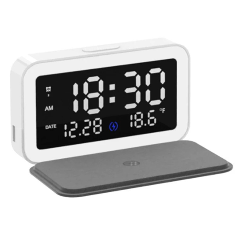 

6 IN 1 Alarm Clock Wireless Charger with Digital Thermometer LED Desk Lamp for Bedroom 15W Mobile Phone Fast Charger