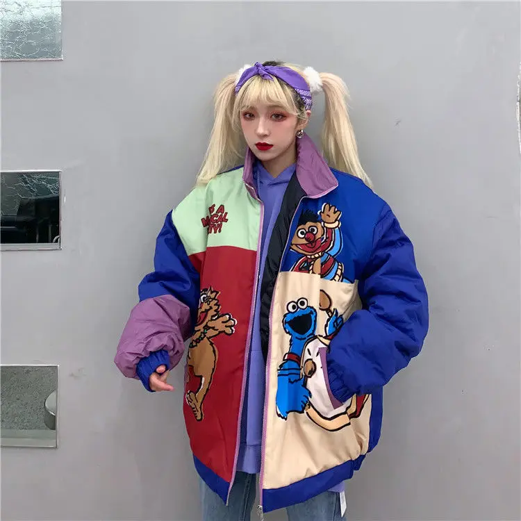 

Women's Harajuku BF Style Quilted Jacket Long Sleeve Zip Up Raglan Cartoon Thick Warm Bomber Jacket with Pockets