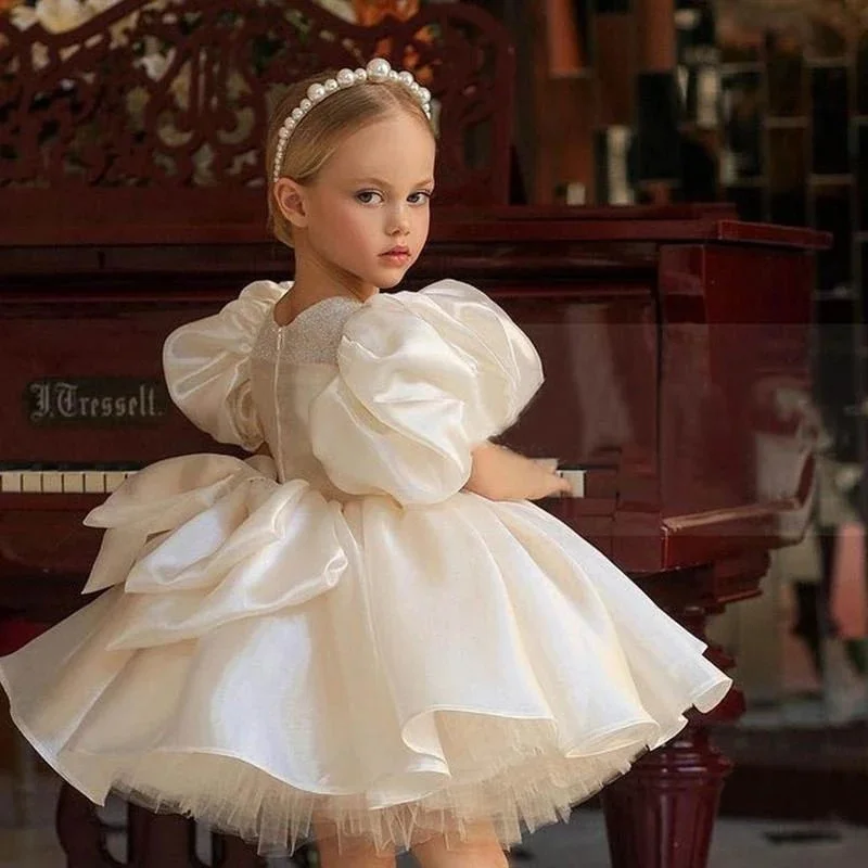 

White Elegant Tiered Bow Flower Girl Dresses For Wedding Knee Length Princess Sleeves Evening Party Dress