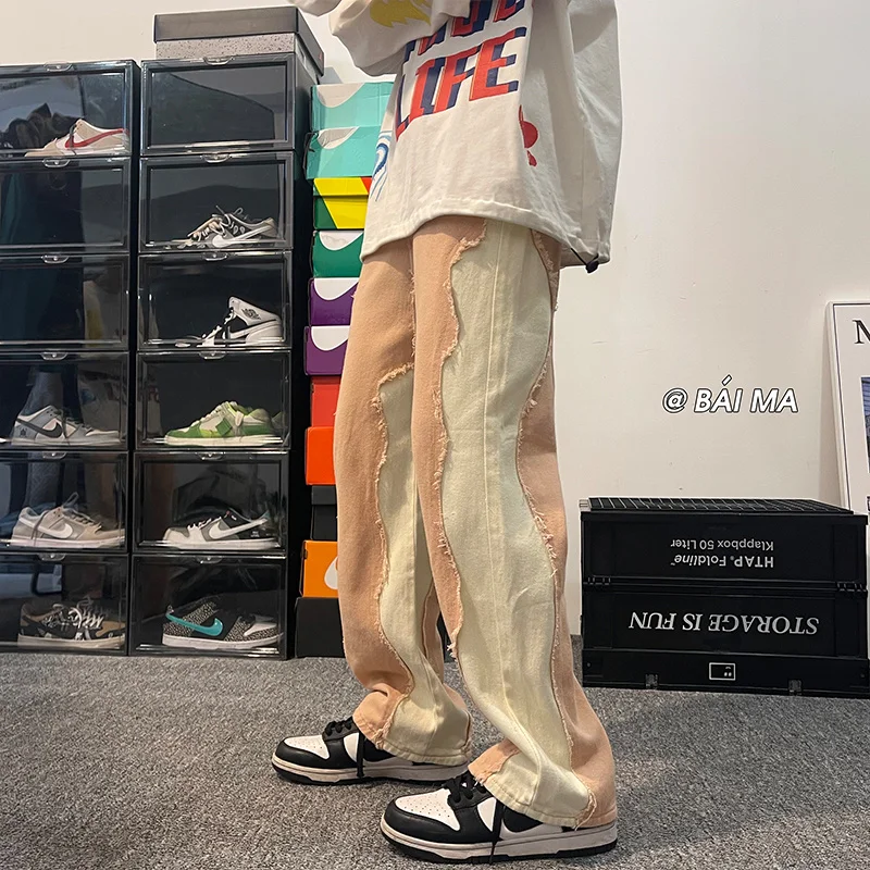 Pink Black Baggy Jeans Men Fashion Retro Harajuku Casual Straight Jeans Men Streetwear Hip Hop Loose Denim Pants Mens Trousers