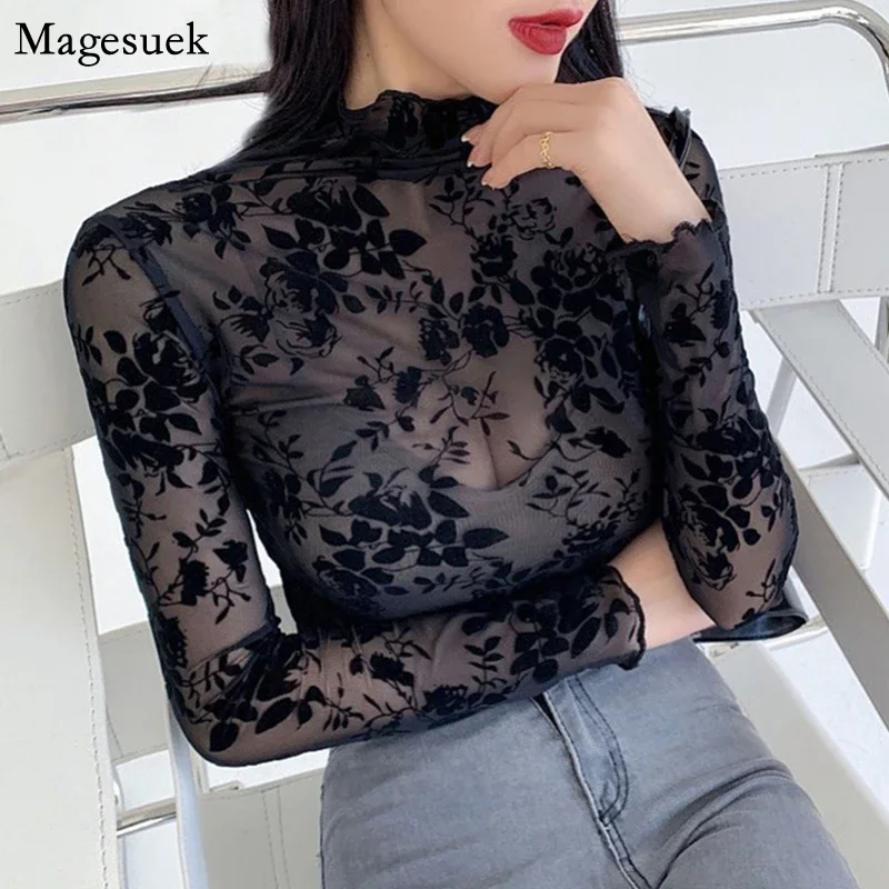 

New Long Sleeve Blouse Shirts Women Transparent Office Lady Sexy Top Blouses Turtleneck Embroidery Floral Female Shirt Tops13026