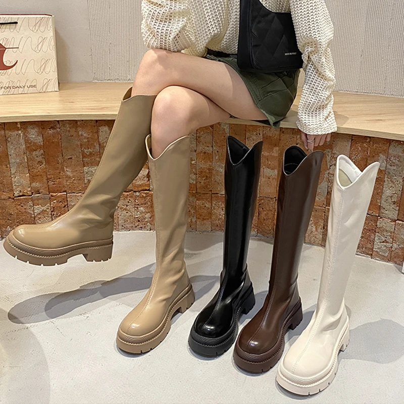 Модные женские сапоги на толстой подошве 2023 осень и зима новые высокие с открытым