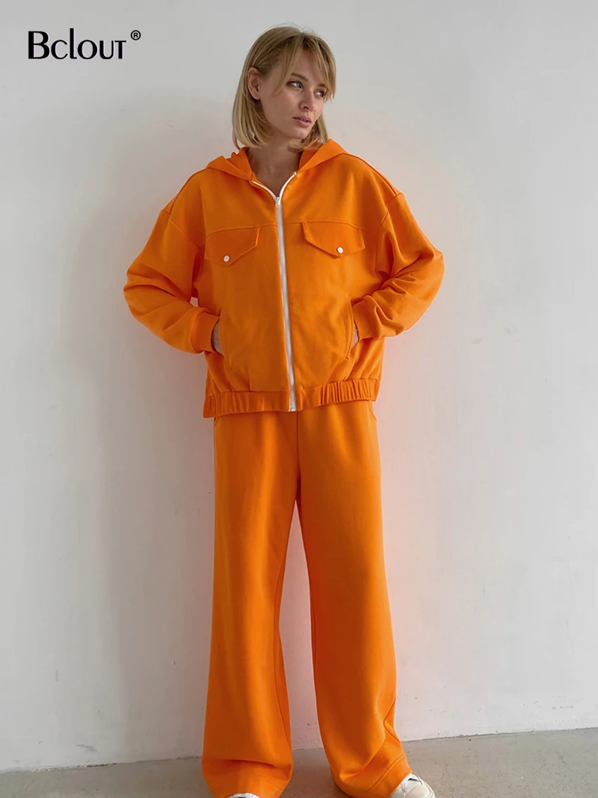 

Bclout осенние вязаные оранжевые длинные брюки, комплекты из 2 предметов, женские модные однотонные Свободные толстовки с длинным рукавом, уличные брюки с широкими штанинами, костюмы