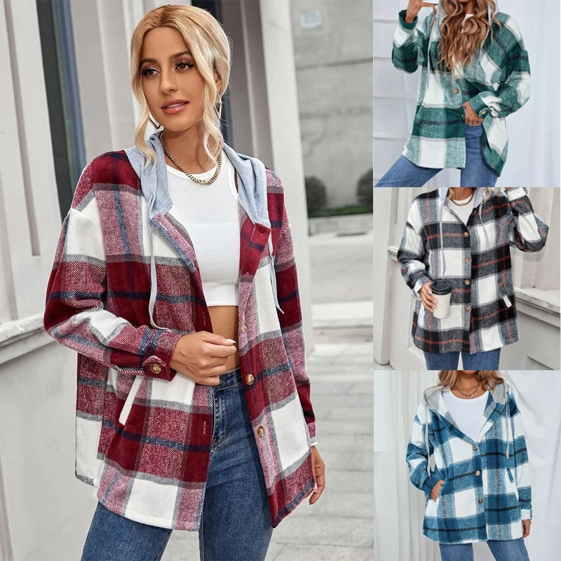 

Spring Autumn Long Sleeved Coat Women Fashion Plaid Jacket 2023 Casual Flannel Checkered Hoodies Overshirt Shirt Coat For Female