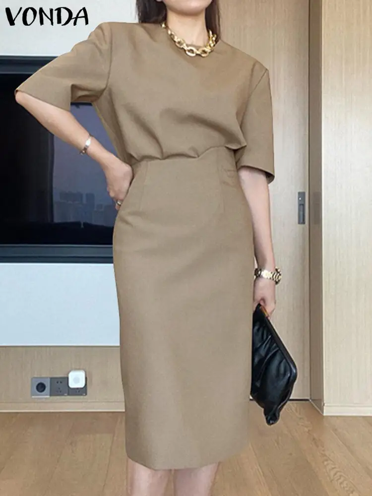 

2023 VONDA Элегантное летнее платье, комплекты с топом с коротким рукавом и юбкой миди с высокой талией, женские повседневные однотонные костюмы, уличные комплекты