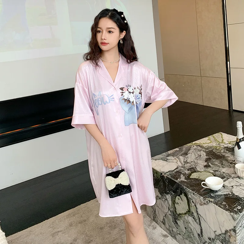 Pajamas Women's Summer Herringbone Pattern Large Size Mid-length Skirt Nightdress Sweet Girl Cartoon Cardigan Home Service
