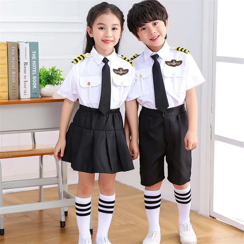 

Flight Attendent Cosplay Costumes for Children Halloween Party Aircraft Pilot Uniforms Kids Performance Profession Class Wear