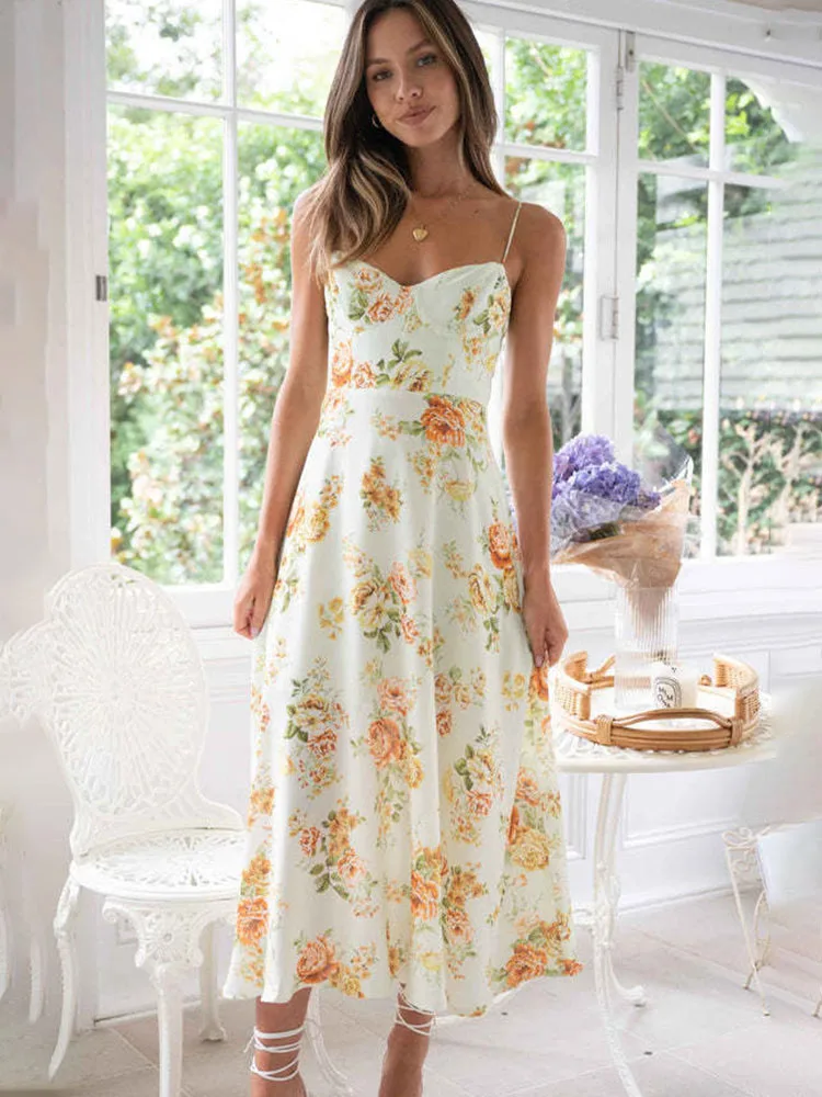 

Summer Sexy Dress Women 2023 Bohemain Floral Print Sleeveless Spaghetti Strap A-line Slim Long Dresses Vacation Party Dress Robe