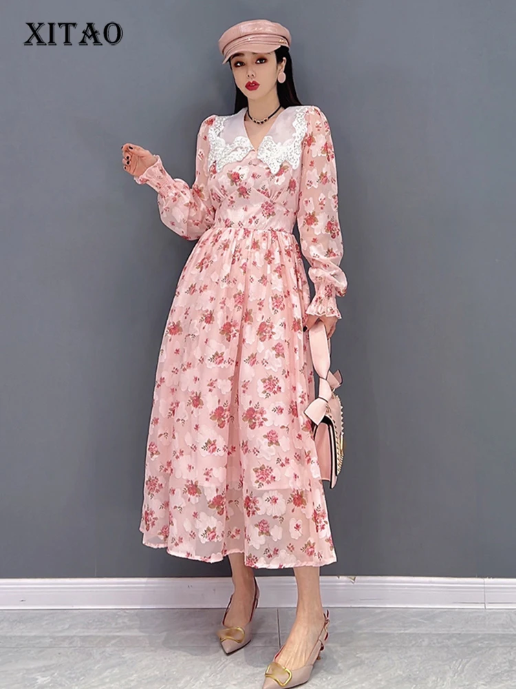 

XITAO Print Pleated Dress Women Korea 2022 Summer New Arrival Personality Fashion Loose V-neck Full Sleeve Dress WMD5615