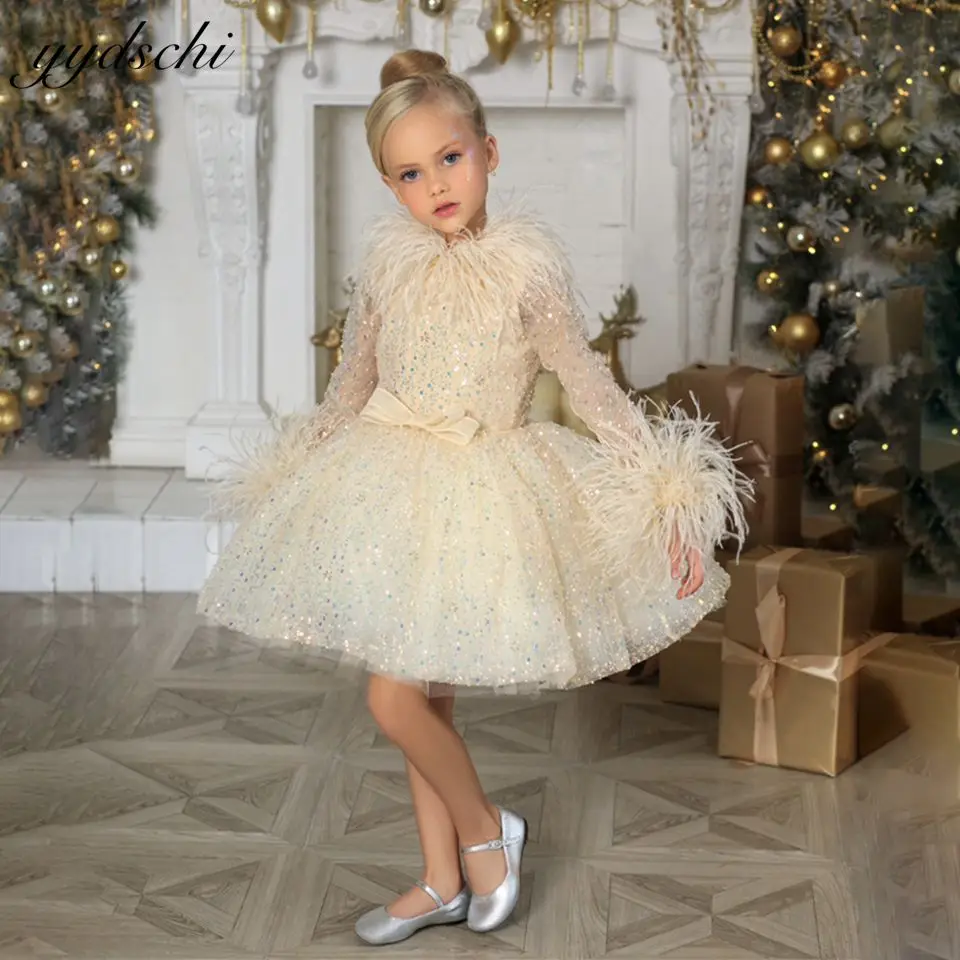 

Пышные платья с длинными рукавами и овальным цветочным принтом для девочек, платье принцессы с блестками, длиной до колена, детское платье на день рождения, детские рождественские платья, 2023