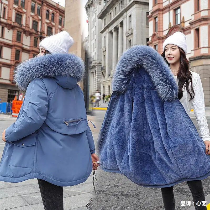 Winter Women Hooded Down Jacket Plus Velvet Warm Cotton Clothing Fashion Mid-length Loose Coat Elegant Lady Clothing
